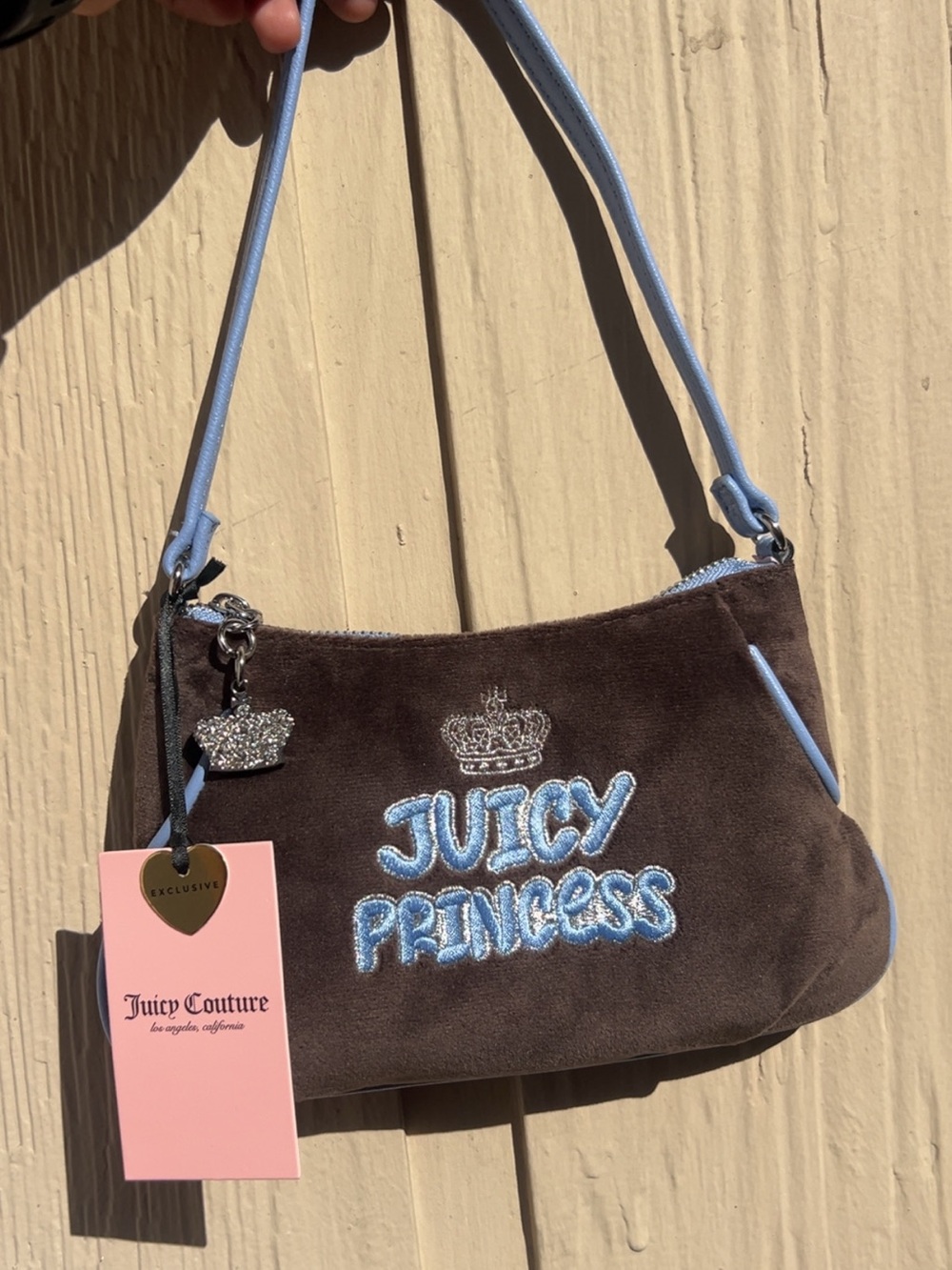 Juicy Couture Chocolate Suede 'Juicy Princess' Shoulder Bag with Light Blue Trim